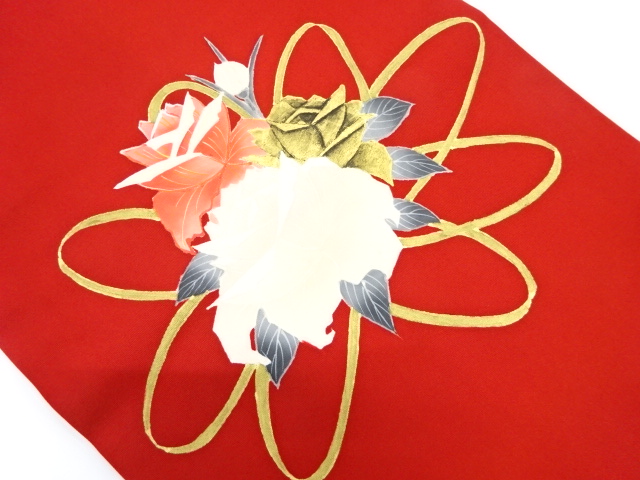 アンティーク　塩瀬金彩手描き薔薇模様名古屋帯